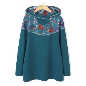 Floral Patch Printed Long Sleeve Hoodie For Women